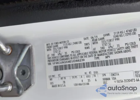 2014 Ford Escape Se из США, поврежденный, VIN 1FMCU9GX4EUD88239